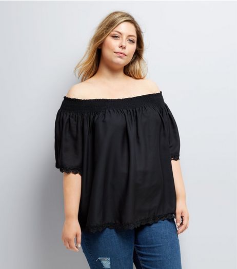 Curves Black Crochet Trim Bardot Neck Top | New Look