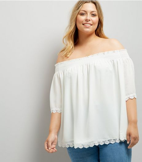 Curves Cream Crochet Trim Bardot Neck Top | New Look