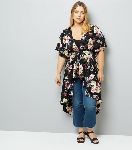 Curves Floral Print Chiffon Dip Hem Kimono | New Look