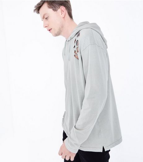Khaki Acid Wash Ripped Hoodie | New Look