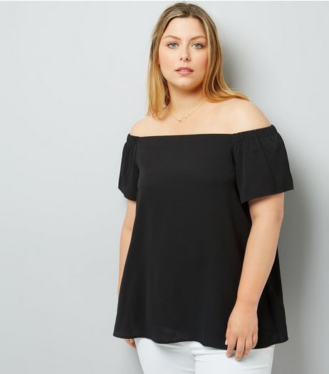 Curves Black Crepe Bardot Neck Top | New Look