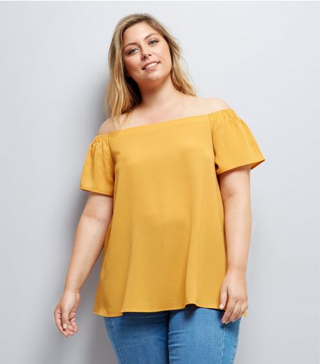 Curves Yellow Crepe Bardot Neck Top | New Look