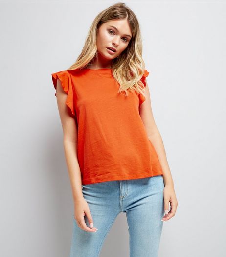 Orange Frill Sleeve Cotton T-Shirt | New Look