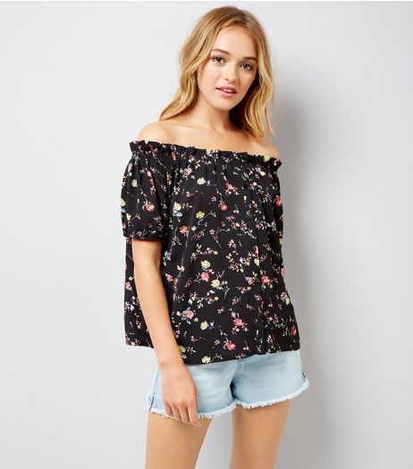 Cameo Rose Black Floral Print Bardot Neck Top | New Look