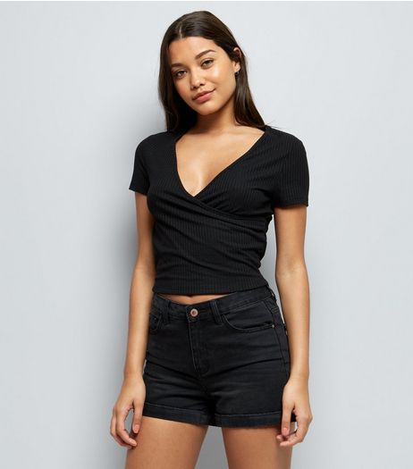 Black Ribbed V Neck Wrap Front T-Shirt | New Look