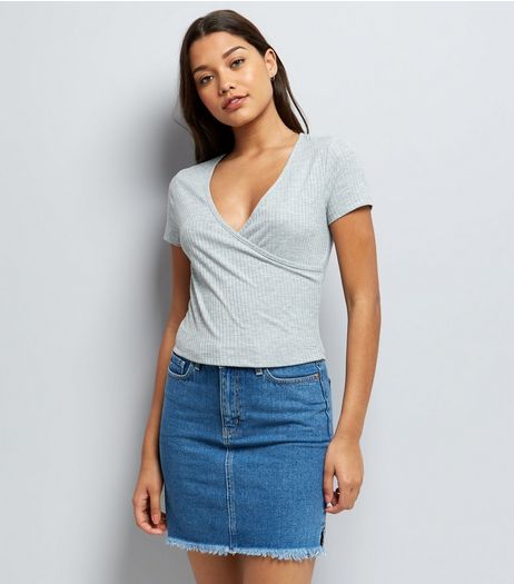 Mid Grey Ribbed V Neck Wrap Front T-Shirt | New Look