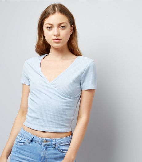 Pale Blue Ribbed V Neck Wrap Front T-Shirt | New Look