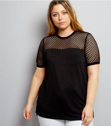 Curves Black Mesh Panel T-Shirt | New Look