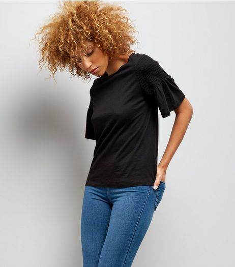 Black Shirred Shoulder T-Shirt | New Look