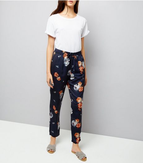 Blue Sateen Floral Print Joggers | New Look