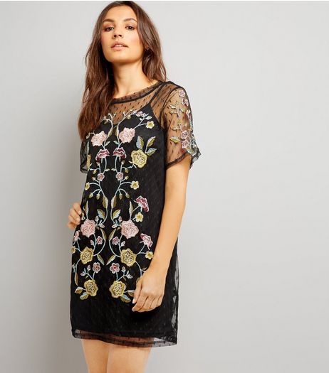 Black Spot Mesh Floral Embroiderd Tunic Dress | New Look