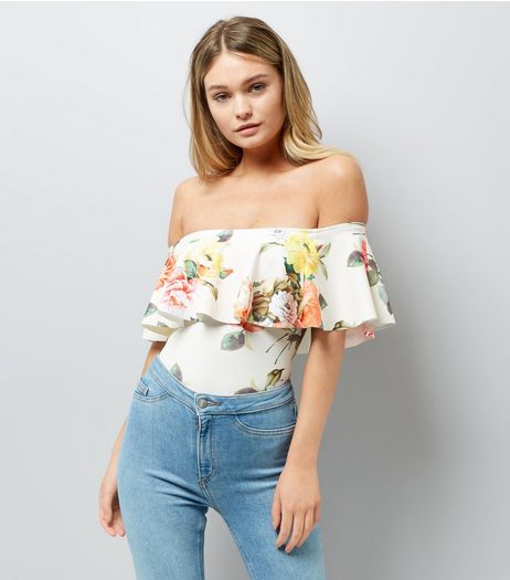 White Floral Print Frill Bardot Neck Bodysuit | New Look