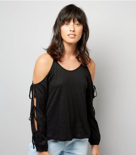 Black Tie Sleeve Top Cold Shoulder Top | New Look