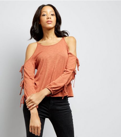 Brown Cold Sholder Tie Sleeve Top | New Look