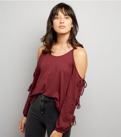Burgundy Cold Sholder Tie Sleeve Top | New Look