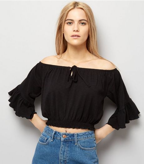 Black Tie Up Bardot Neck Crop Top | New Look