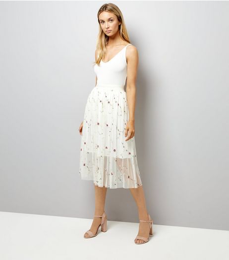 White Floral Embroidered Tulle Midi Skirt | New Look