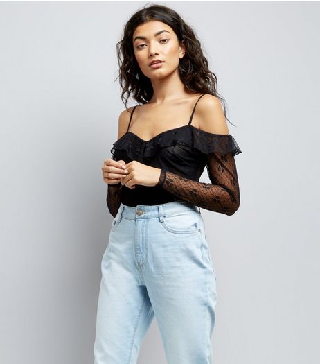 Black Mesh Lace Cold Shoulder Bodysuit | New Look