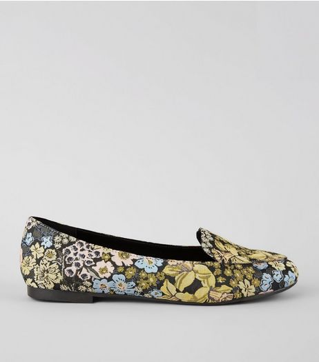 Black Floral Brocade Loafers | New Look