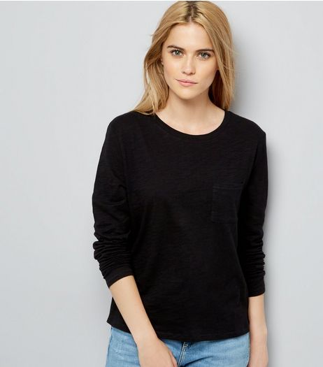 Black Organic Cotton Long Sleeve Pocket Front T-Shirt | New Look