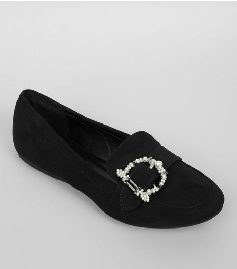 Black Suedette Embroidered Buckle Loafers | New Look