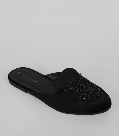 Black Velvet Embellished Mules | New Look