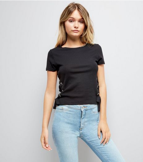 Black Ribbed Lace Up Side T-Shirt | New Look