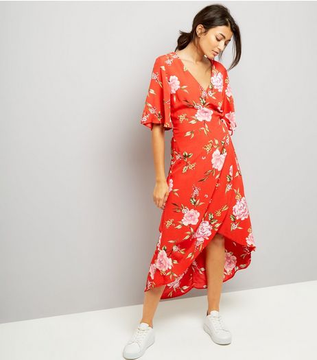 Red Floral Wrap Front Dip Hem Dress | New Look