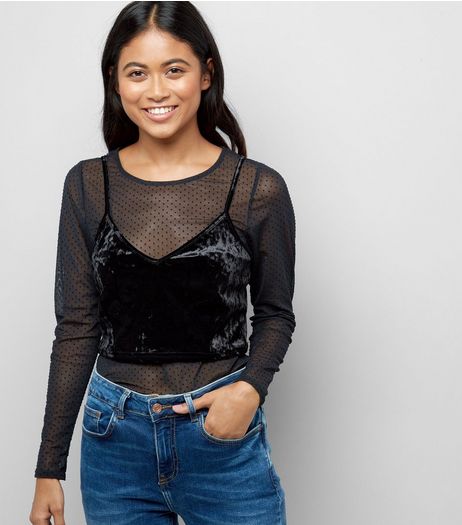 Petite Black 2 in 1 Mesh Velvet Top | New Look