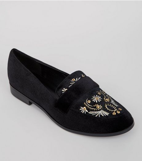 Black Velvet Embroidered Loafers | New Look