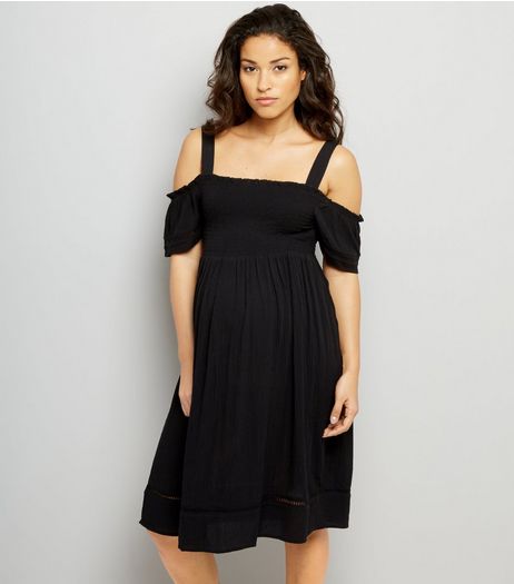 Maternity Black Shirred Cold Shoulder Dress | New Look