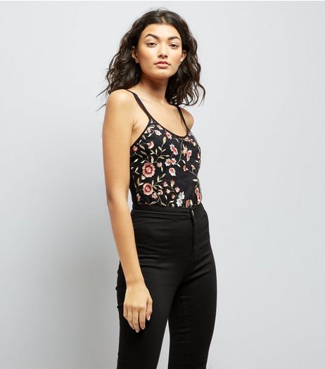 Black Floral Embroidered Mesh Strappy Bodysuit | New Look
