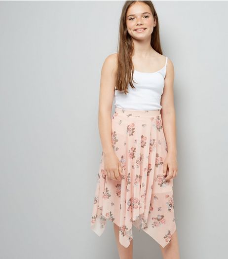 Pink Floral Print Hanky Hem Midi Skirt | New Look
