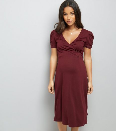 Maternity Burgundy Puff Sleeve Wrap Front Dress | New Look