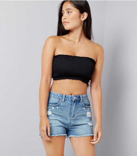 Teens Black Shirred Bandeau Crop Top | New Look
