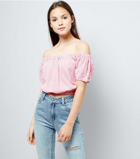 Teens Pink Gingham Bardot Neck Top | New Look