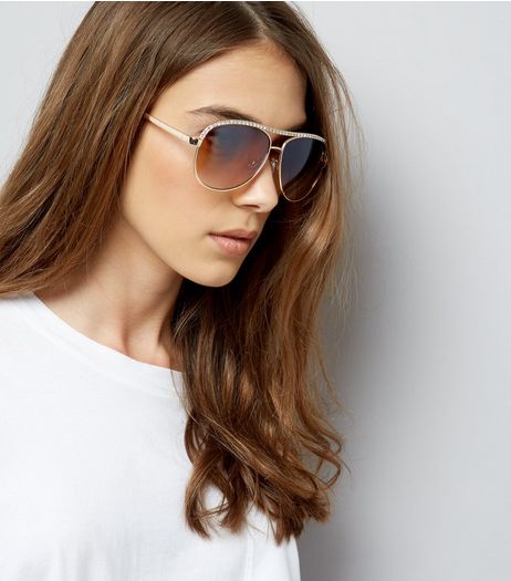 Gold Diamante Bar Sunglasses | New Look
