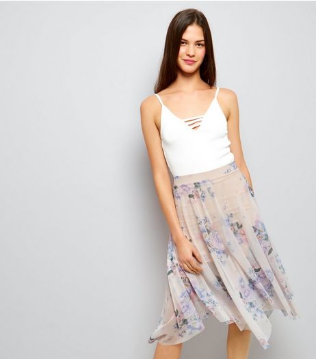 Pink Floral Print Hanky Hem Mesh Skirt | New Look