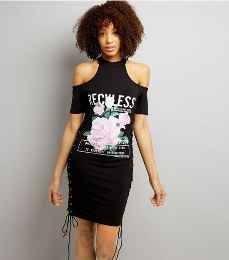Cameo Rose Black Cold Shoulder Lace Side Dress | New Look