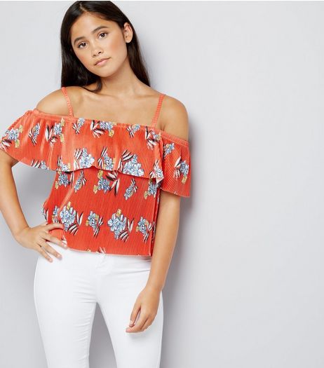 Teens Red Tropical Print Cold Shoulder Cami | New Look