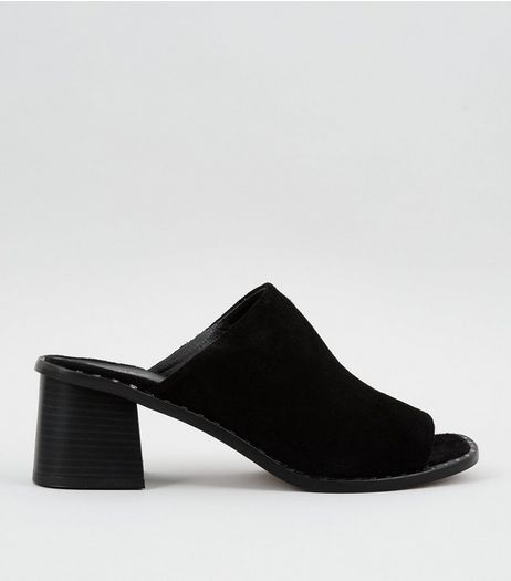 Black Leather Stud Peep Toe Heeled Mules | New Look
