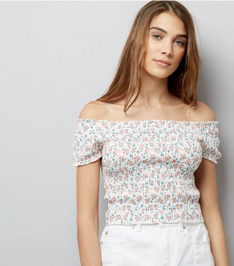 Cream Floral Print Shirred Bardot Neck Top | New Look