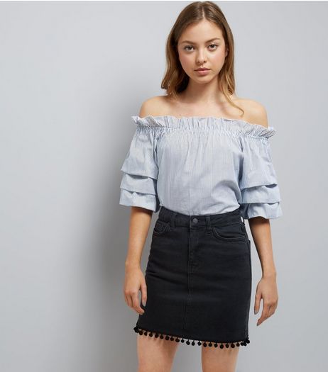 Black High Waist Pom Pom Hem Denim Skirt | New Look