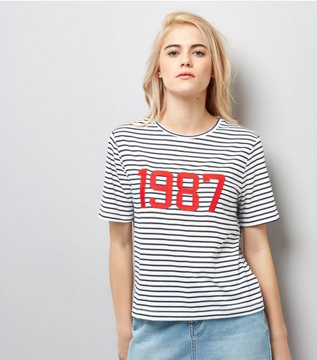 Blue Stripe 1987 Applique T-Shirt | New Look
