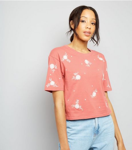 Pink Floral Embroidered T-Shirt | New Look