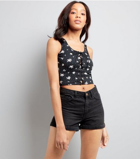 Black Floral Spot Print Lace Up Bralet | New Look