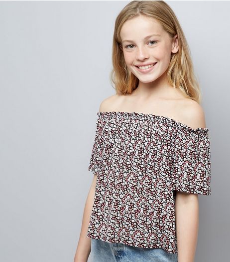 Teens Black Ditsy Floral Print Bardot Neck Top | New Look