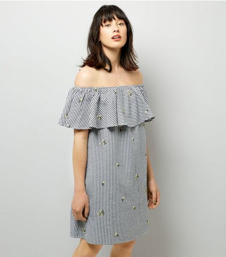 Black Floral Embroidered Gingham Bardot Neck Dress | New Look