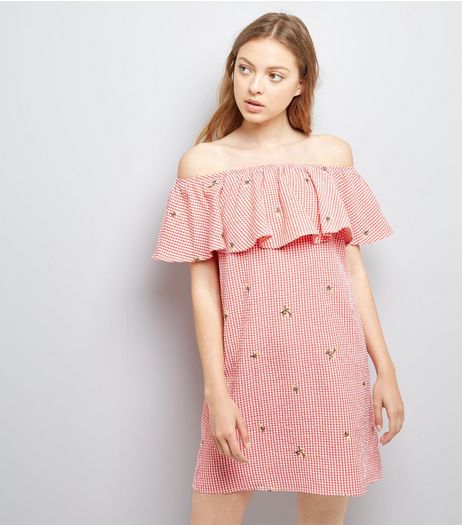 Red Floral Embroidered Gingham Bardot Neck Dress | New Look