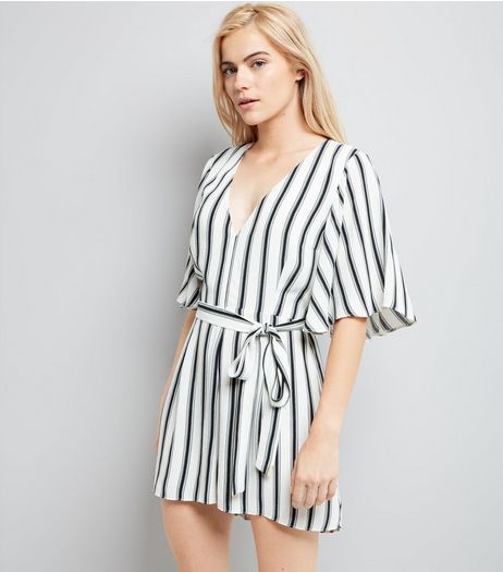 White Stripe Tie Waist Playsuit | New Look